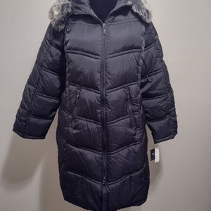 Braetan, New Winter Coat, Black, Size-18/20, Hood w/Snap-On Faux Fur Collar